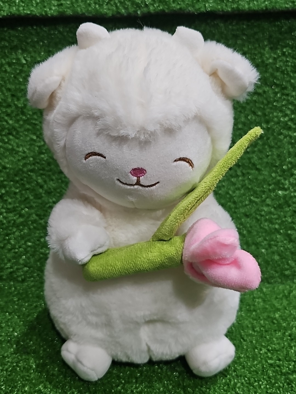 Cream Plush Lamb Stuffed Animal with Pink Flower